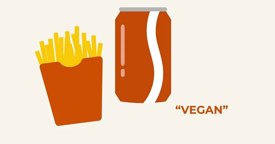 Illustration of fries and a soft drink marked with a vegan label, showing that vegan does not mean nutrient-dense