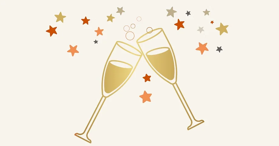 Illustration of two champagne glasses with confetti in the Human Recipe palette