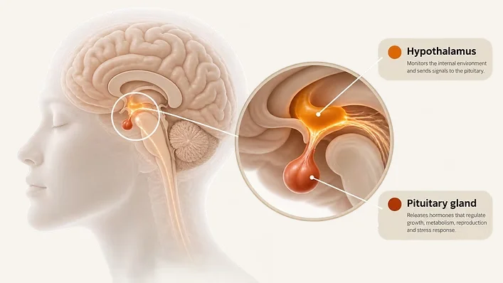 Diagram showing the hypothalamus and pituitary gland inside the brain