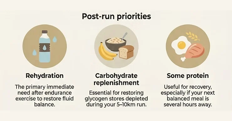 Infographic of post-run priorities: rehydration, carbohydrate replenishment, and some protein