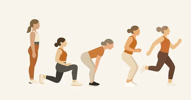 Illustration of women of different ages running, from gentle stretches to a full run