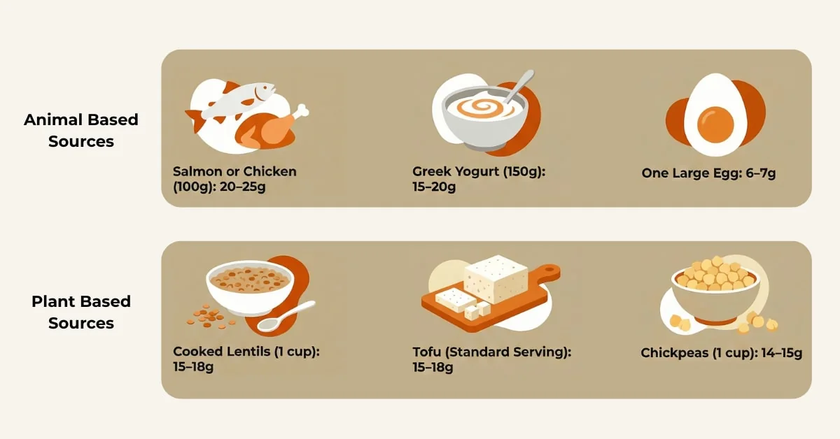 Protein content of animal and plant sources, including salmon, yogurt, egg, lentils, tofu and chickpeas