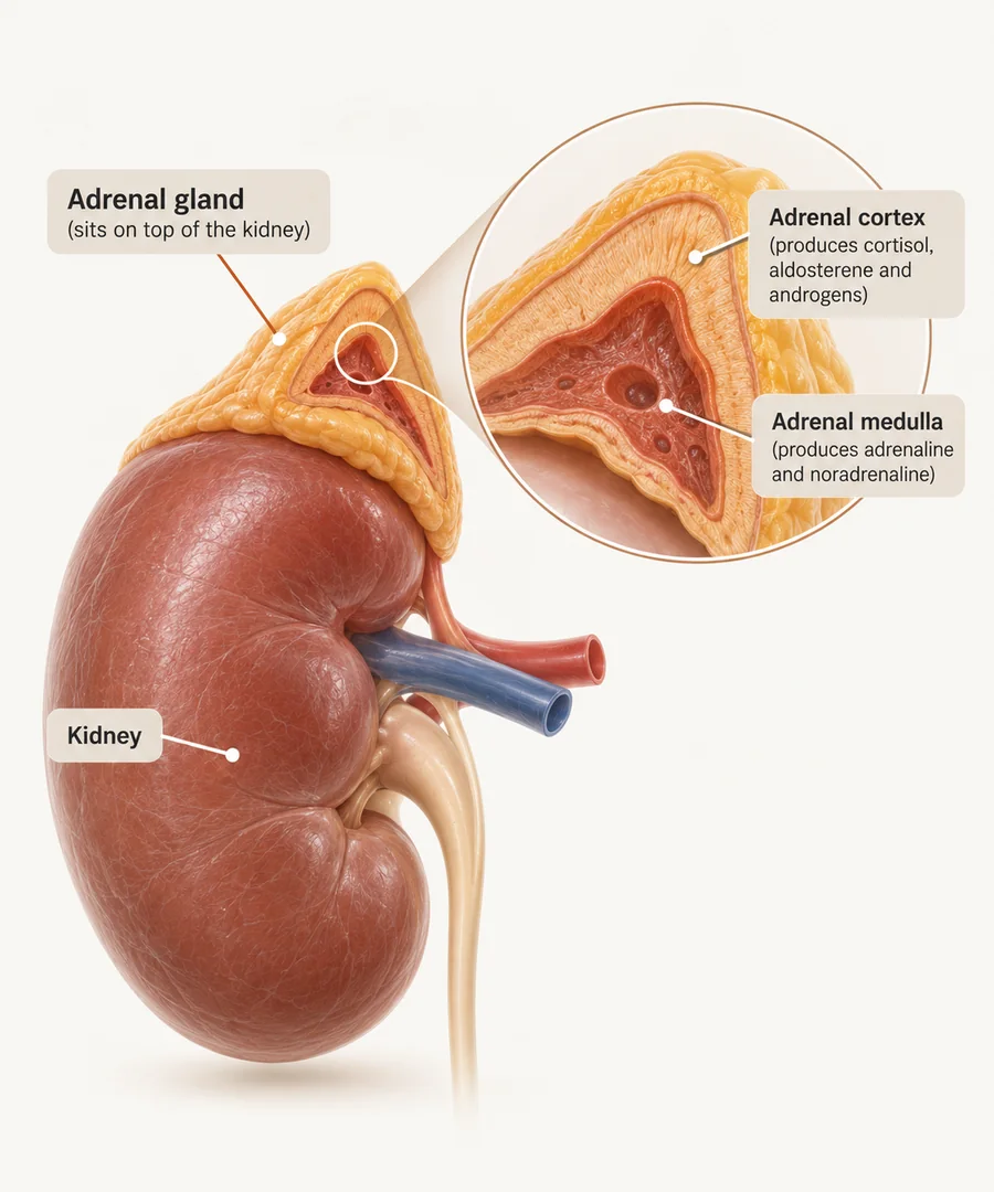 Cross-section of the adrenal gland showing the cortex and medulla